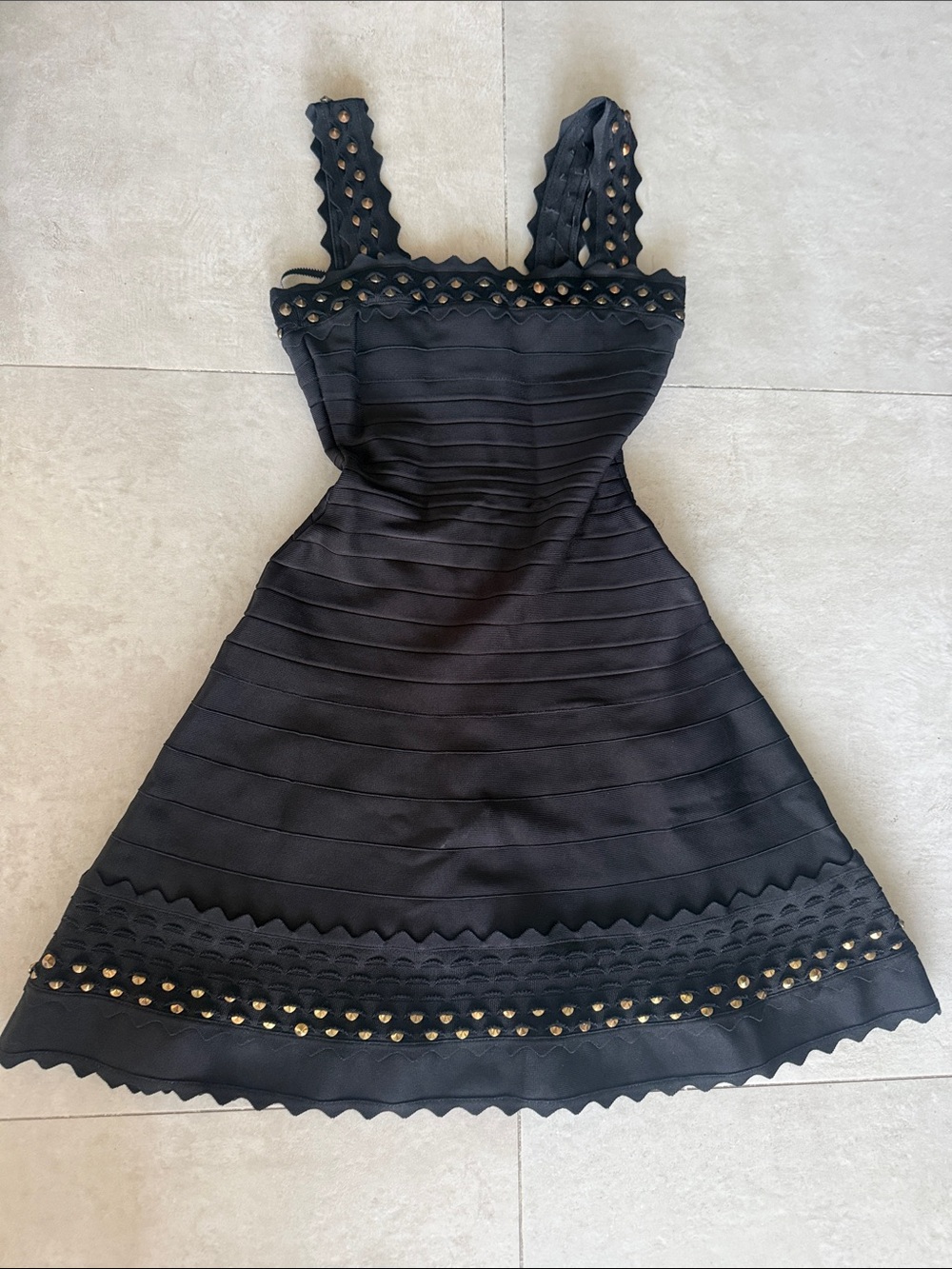 Herve Leger Black Mini Dress with Gold Stud Detailing